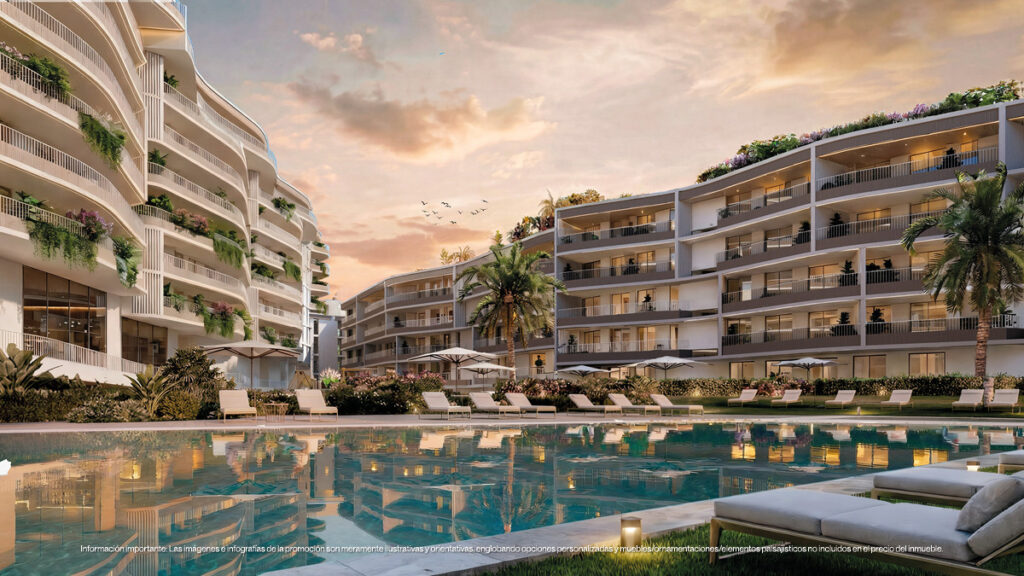 Magna Torremolinos Fase I - Torremolinos - luxury residential complex with communal pool, sun loungers, palm trees, and balconied apartments at sunset