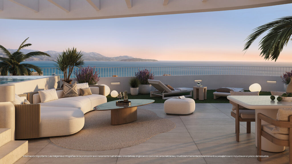 Magna Torremolinos Fase II – Torremolinos - luxury terrace with outdoor lounge, sea views and mountains at sunset