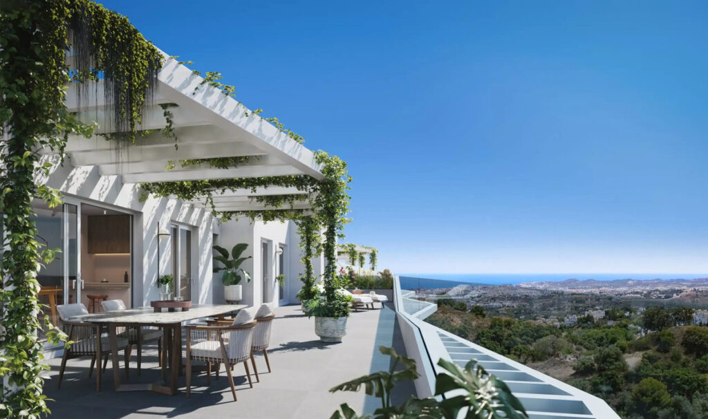 Mijas Seaviews FASE II – Mijas - luxury terrace with outdoor dining, climbing greenery, and panoramic sea views