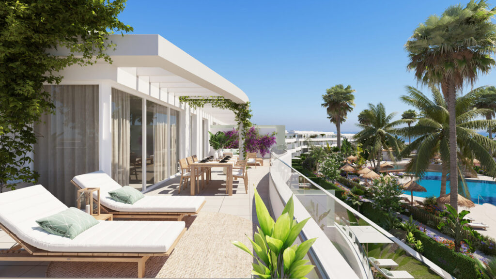 Serenity Frontline Golf Homes and Beach Club – PHASE IV – La Alcaidesa - sun-drenched rooftop terrace with sun loungers, dining area, pool and sea views