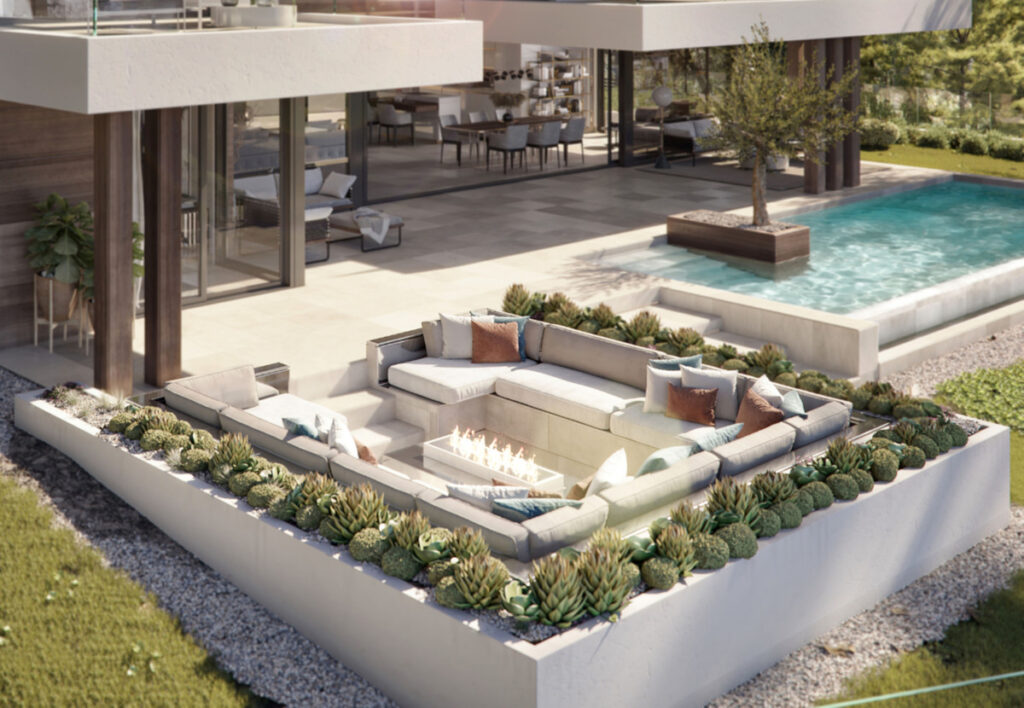 VILLA AZAHAR Reserva Golf – La Cala de Mijas - sunken outdoor lounge with fire pit, pool and open-plan interior