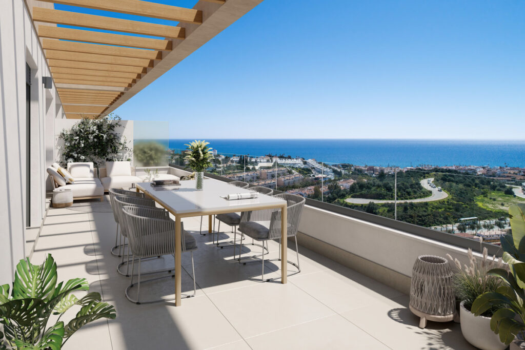 Almare – Mijas - spacious terrace with dining area, pergola and panoramic sea views over the Costa del Sol coastline