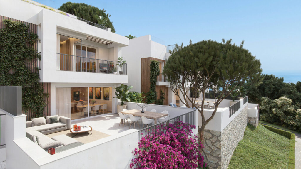 BUENAVISTA VIEWS – Mijas - modern white exterior with terraces, bougainvillea, pine tree, and sea views in Málaga