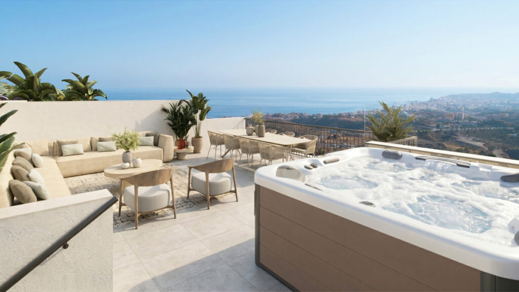 BUENAVISTA VIEWS – Mijas - luxury rooftop terrace with jacuzzi, outdoor lounge, dining area and panoramic sea views over the Costa del Sol