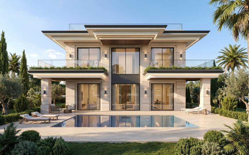 Le Monte – Benahavís - luxury two-storey villa exterior with infinity pool, glass balustrades and landscaped garden
