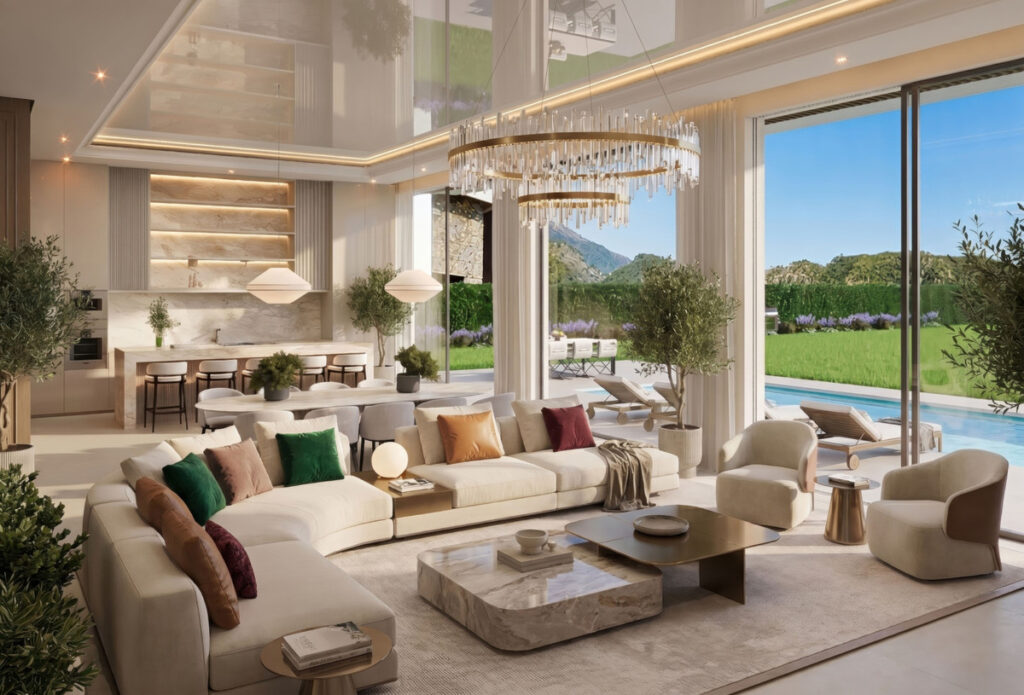 Le Monte – Benahavís - open-plan living room with cream sofas, chandelier, and pool views