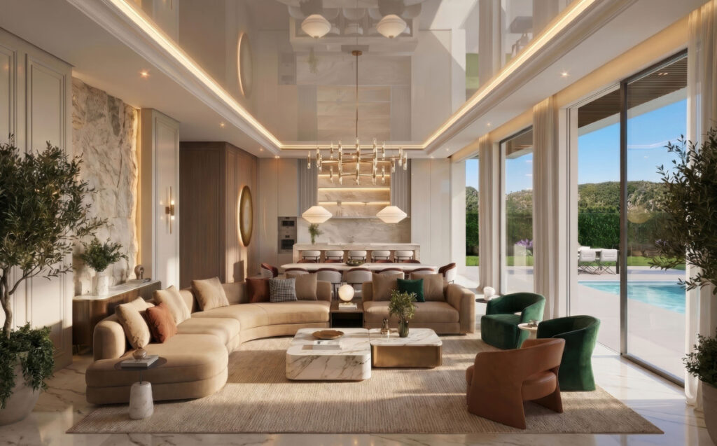 Le Monte – Benahavís - luxury open-plan living room with curved sofa, marble coffee table, and pool views