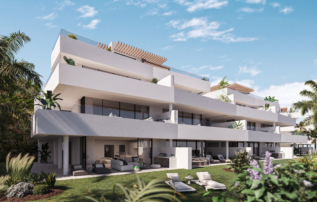 Mirador de Estepona Hills PHASE III PART – Estepona - white contemporary facade with terraces, garden and sun loungers