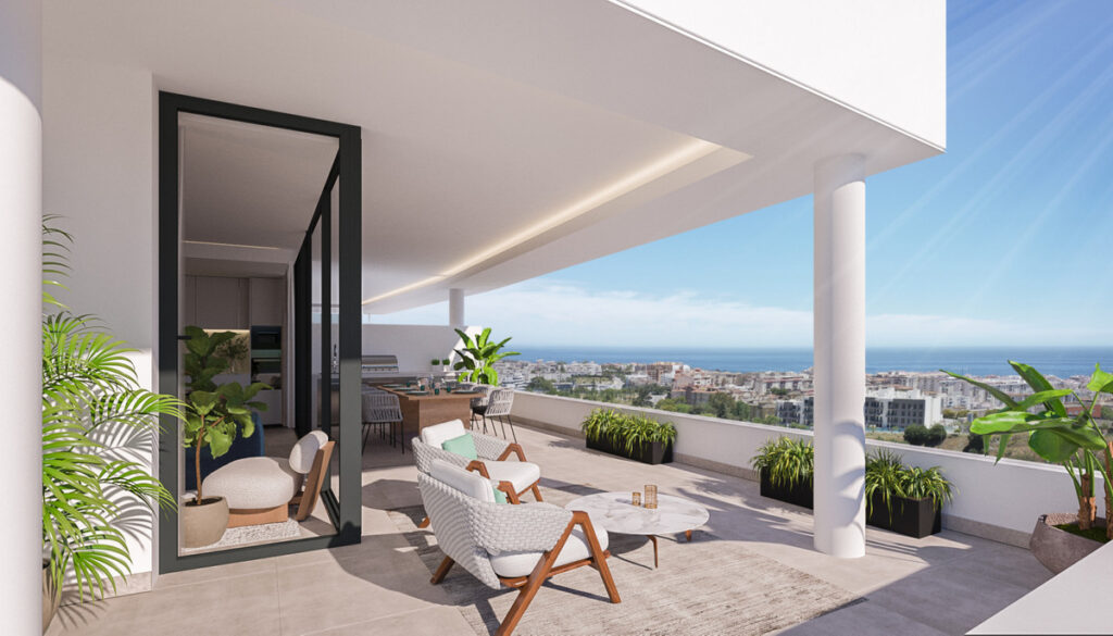 Mirador de Estepona Hills PHASE III PART – Estepona - luxury terrace with lounge seating, partial shade and panoramic sea views over the city