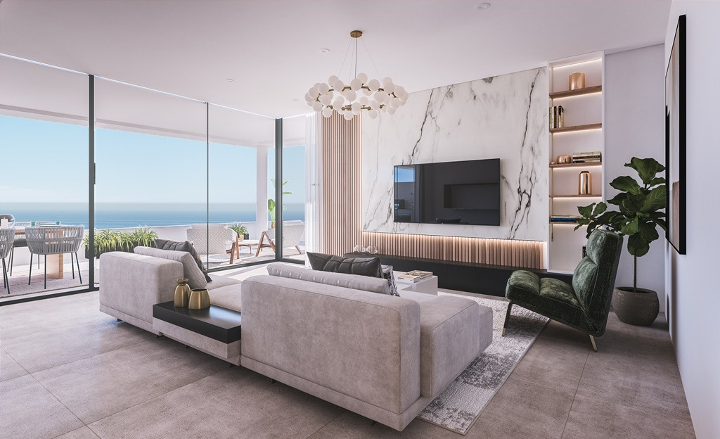 Mirador de Estepona Hills PHASE III PART – Estepona - bright open-plan living room with marble TV wall and sea views