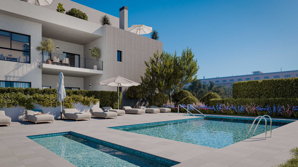 Olivara Living FASE I – Alhaurín de la Torre - outdoor pool and sun terrace with loungers and lush gardens