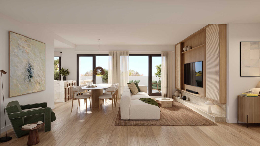 Olivara Living FASE I – Alhaurín de la Torre - bright open-plan living and dining area with wooden built-in TV unit and natural tones