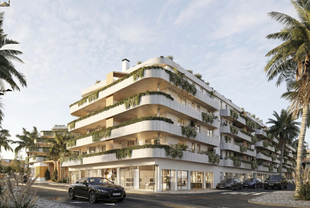 The Grove – Marbella - luxury new-build exterior facade with lush green balconies and palm trees