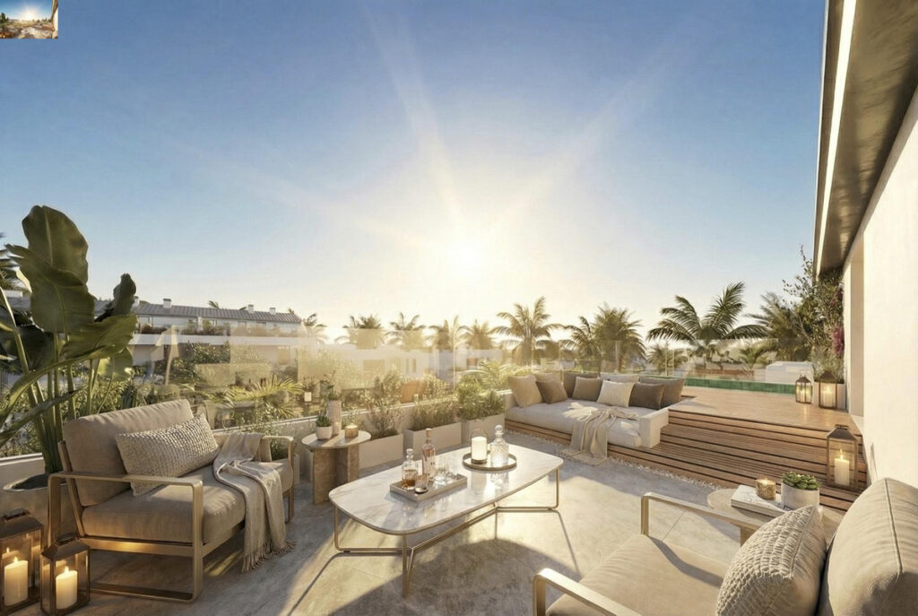 The Grove – Marbella - luxury terrace with outdoor lounge seating, marble coffee table, and palm tree sunset views