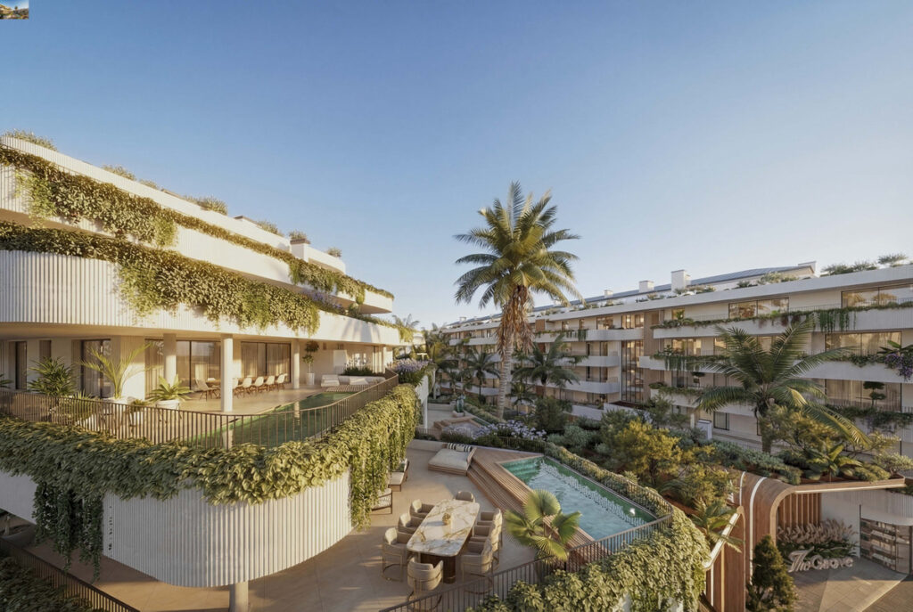 The Grove – Marbella - luxury residential complex with lush vertical gardens, communal pool and palm-lined courtyard