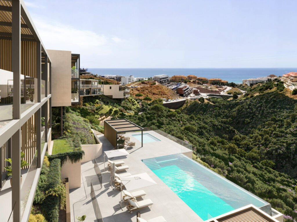 Veridian I – Fuengirola - infinity pool terrace with sea views and hillside landscaping