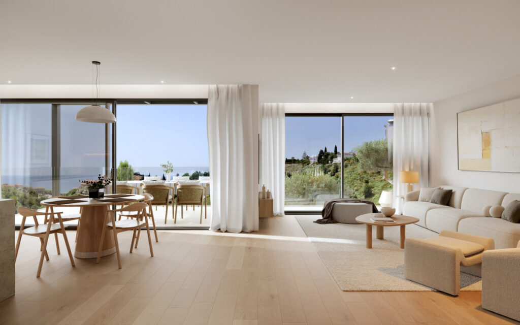 Veridian I – Fuengirola - open-plan living and dining room with floor-to-ceiling windows and panoramic sea views