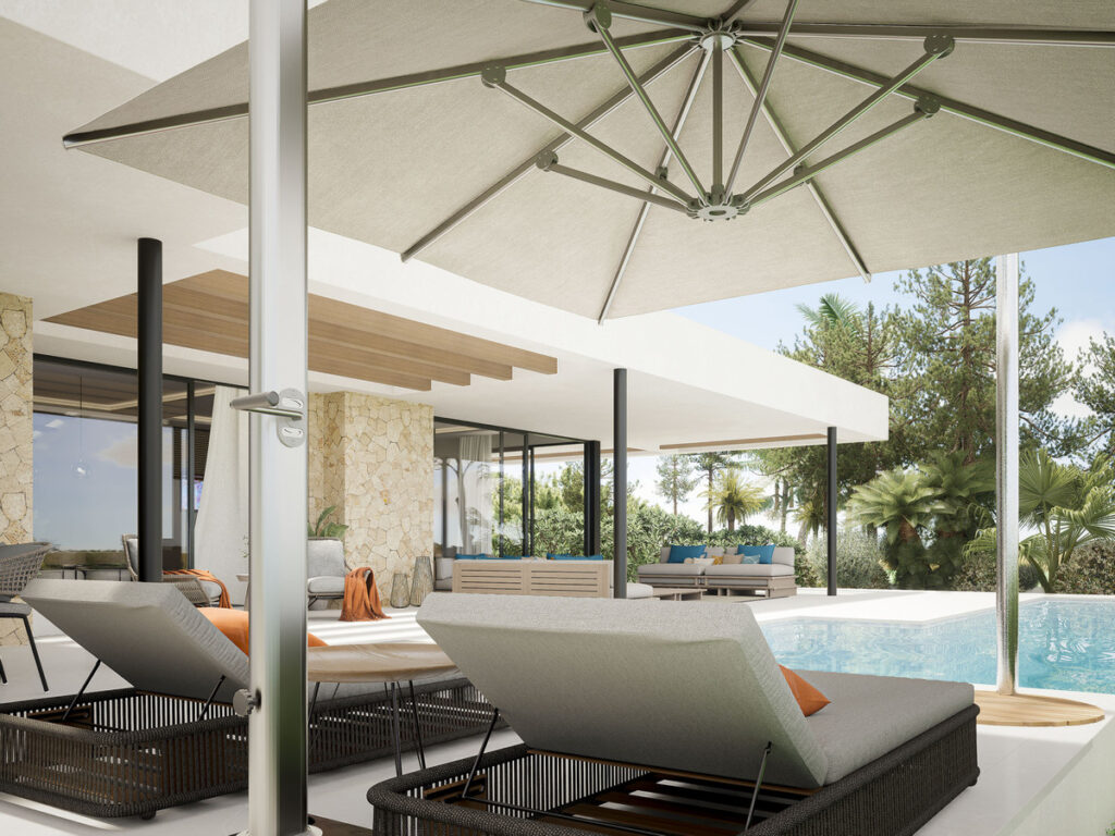 Villa 22 – El Chaparral Bespoke Villa' – Mijas - luxury poolside terrace with sun loungers and large cantilever parasol