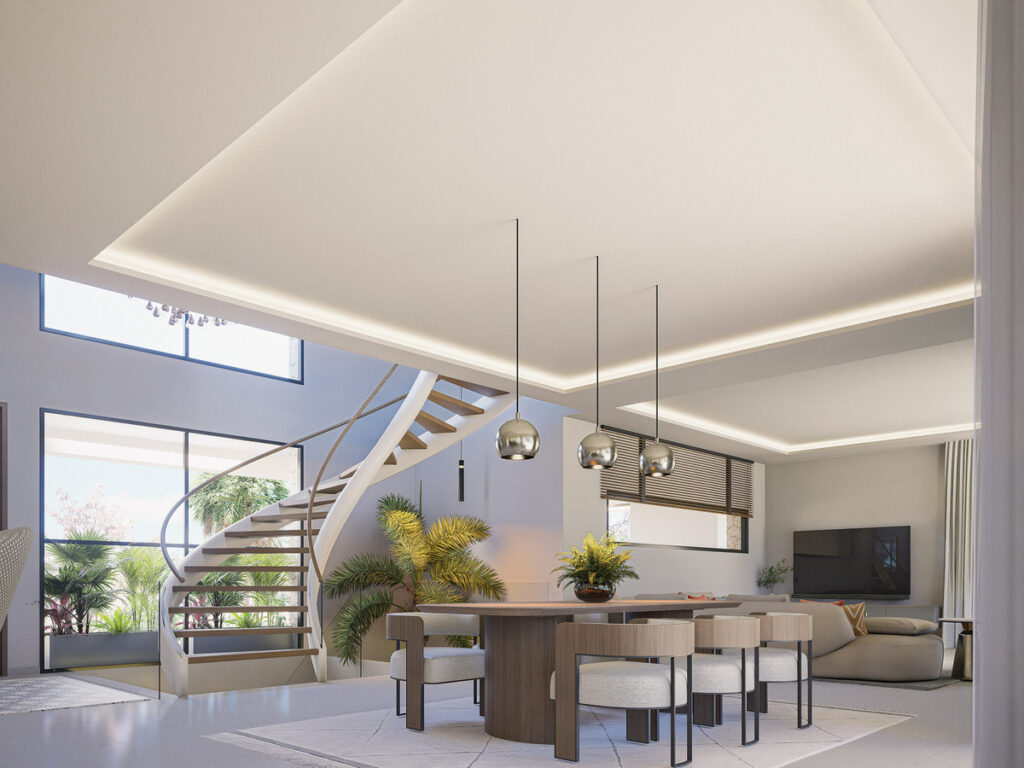 Villa 22 – El Chaparral Bespoke Villa' – Mijas - open-plan dining and living area with spiral staircase and pendant lights
