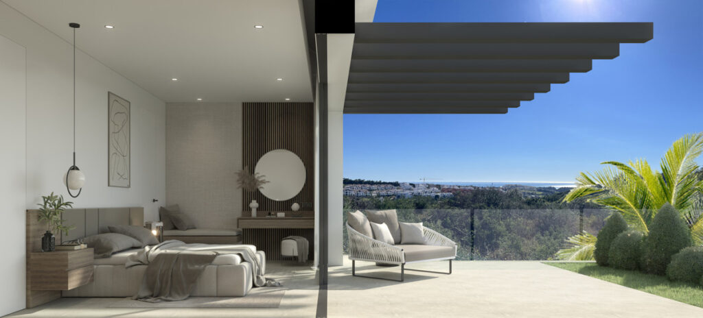 VILLA ALHAMA Cortesín – Casares - master bedroom opening onto a shaded terrace with panoramic sea and hillside views