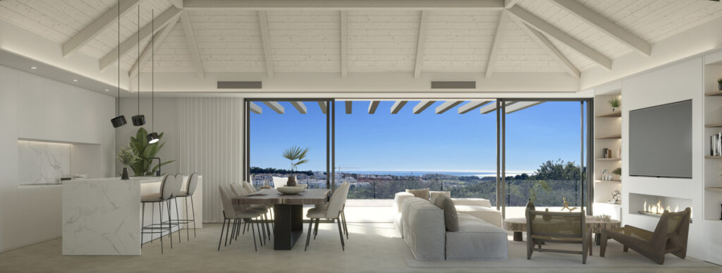 VILLA ALHAMA Cortesín – Casares - open-plan living, dining and kitchen with vaulted white beam ceiling and panoramic sea views