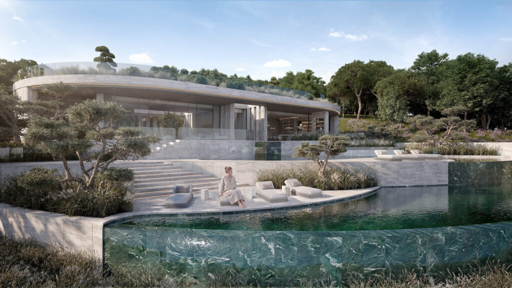VILLA DUNE – The Fifteen – Sotogrande - curved contemporary villa exterior with green marble pool, terraced gardens and loungers