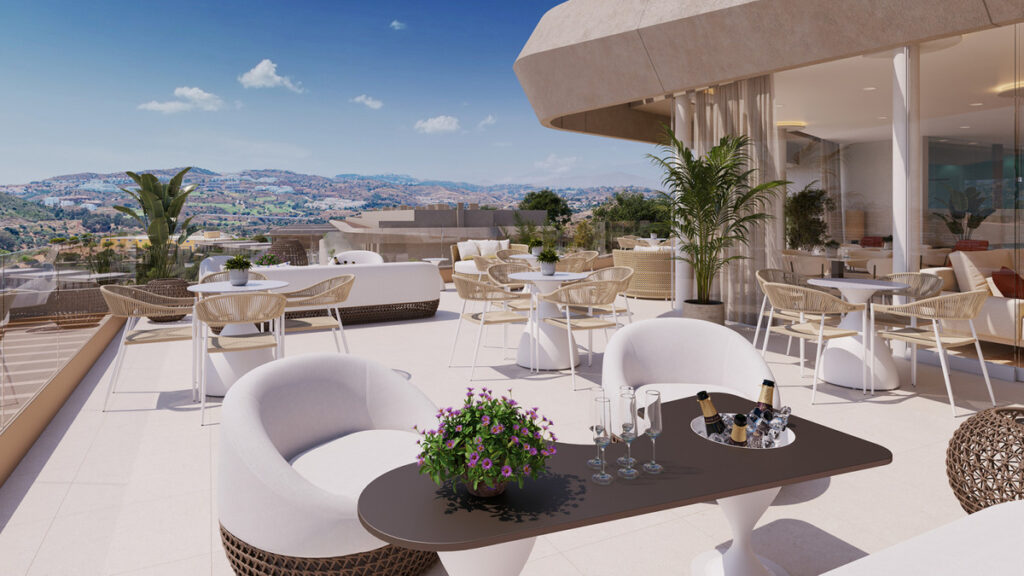 VISSION HILLS II – ADOSADO – La Cala de Mijas - rooftop terrace with panoramic hill views, elegant outdoor seating and champagne service