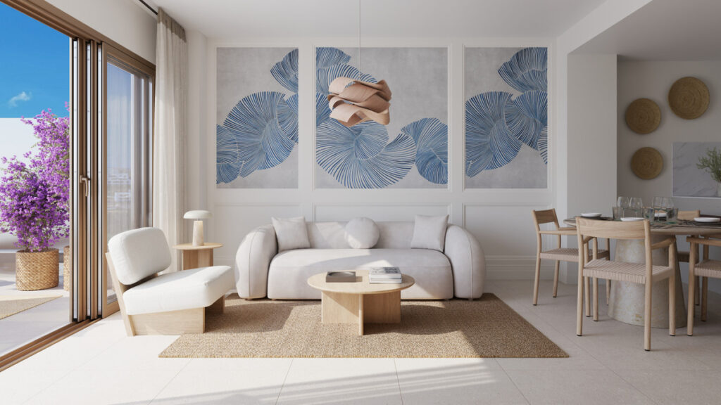 VISSION HILLS II – ADOSADO – La Cala de Mijas - bright open-plan living and dining area with white sofas, natural wood accents and blue botanical wall art