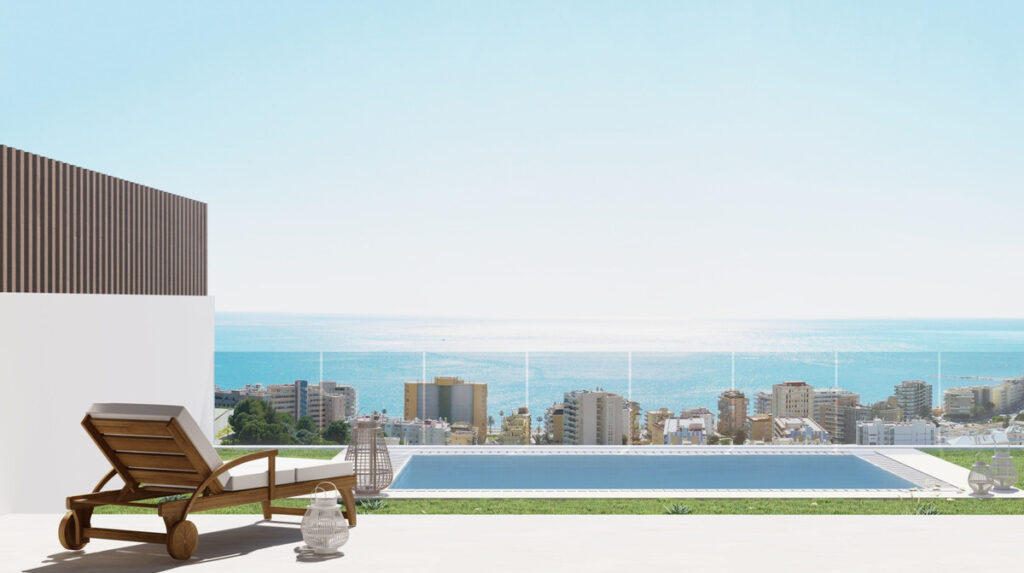 Vista Linda Luxury Villas – Fuengirola - sun terrace with private infinity pool and panoramic sea views over the Costa del Sol coastline