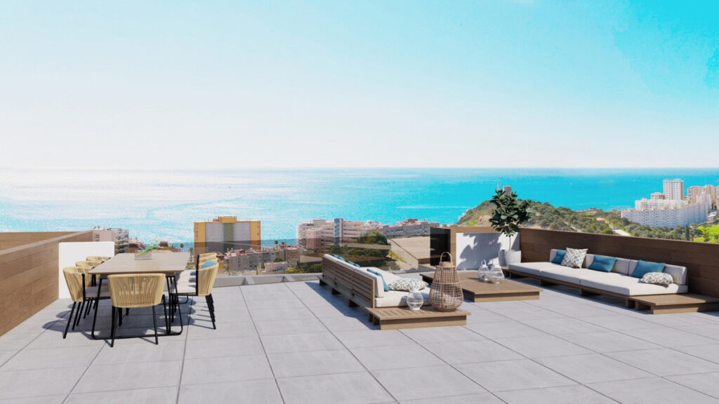 Vista Linda Luxury Villas – Fuengirola - rooftop terrace with outdoor dining, lounge seating and panoramic sea views over Fuengirola coastline