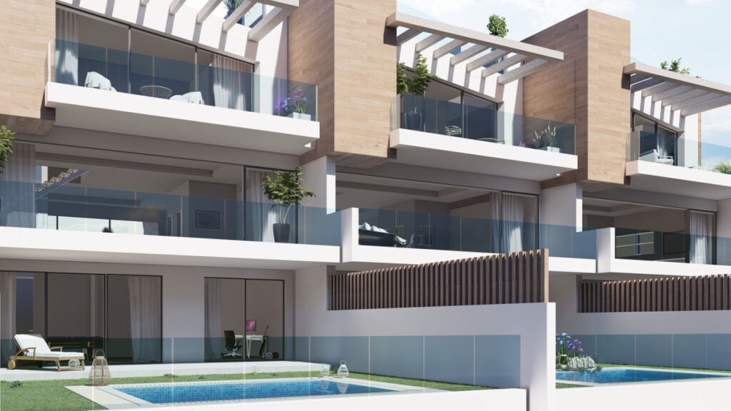 Vista Linda Luxury Villas – Fuengirola - modern exterior facade with private pool, glass balconies and wooden pergolas