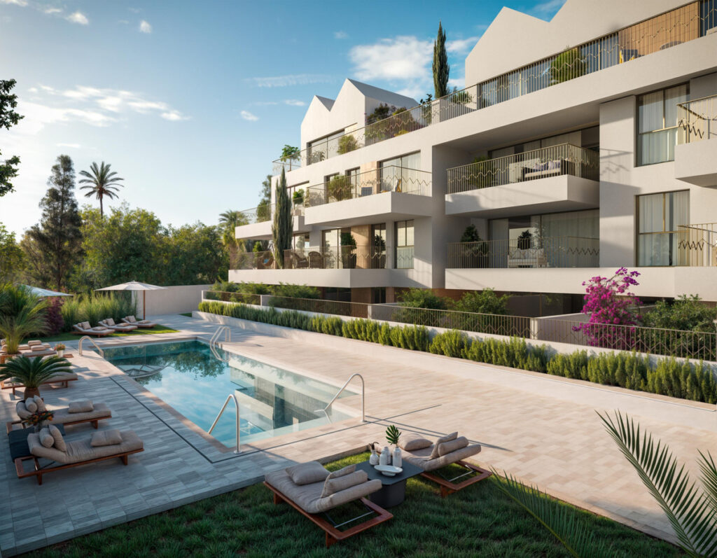 Art Marine – La Carihuela - luxury outdoor pool and landscaped garden with modern white apartment building and balconies