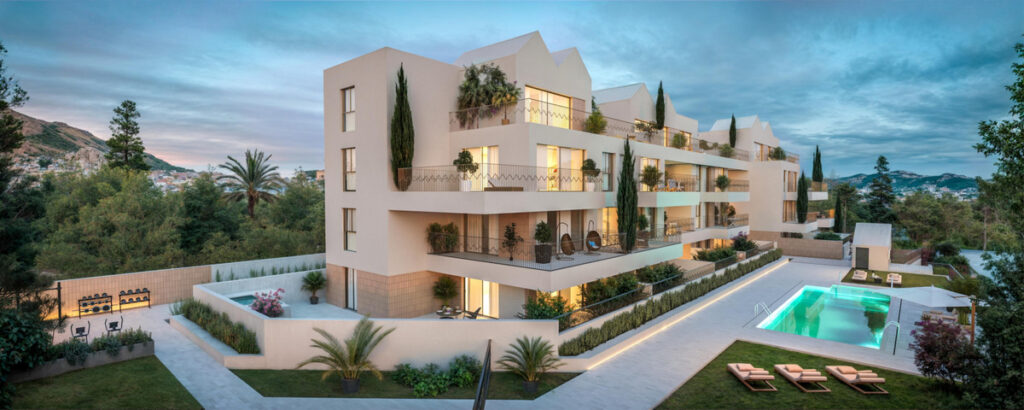 Art Marine – La Carihuela - luxury new-build exterior with pool, terraces, and landscaped gardens at dusk