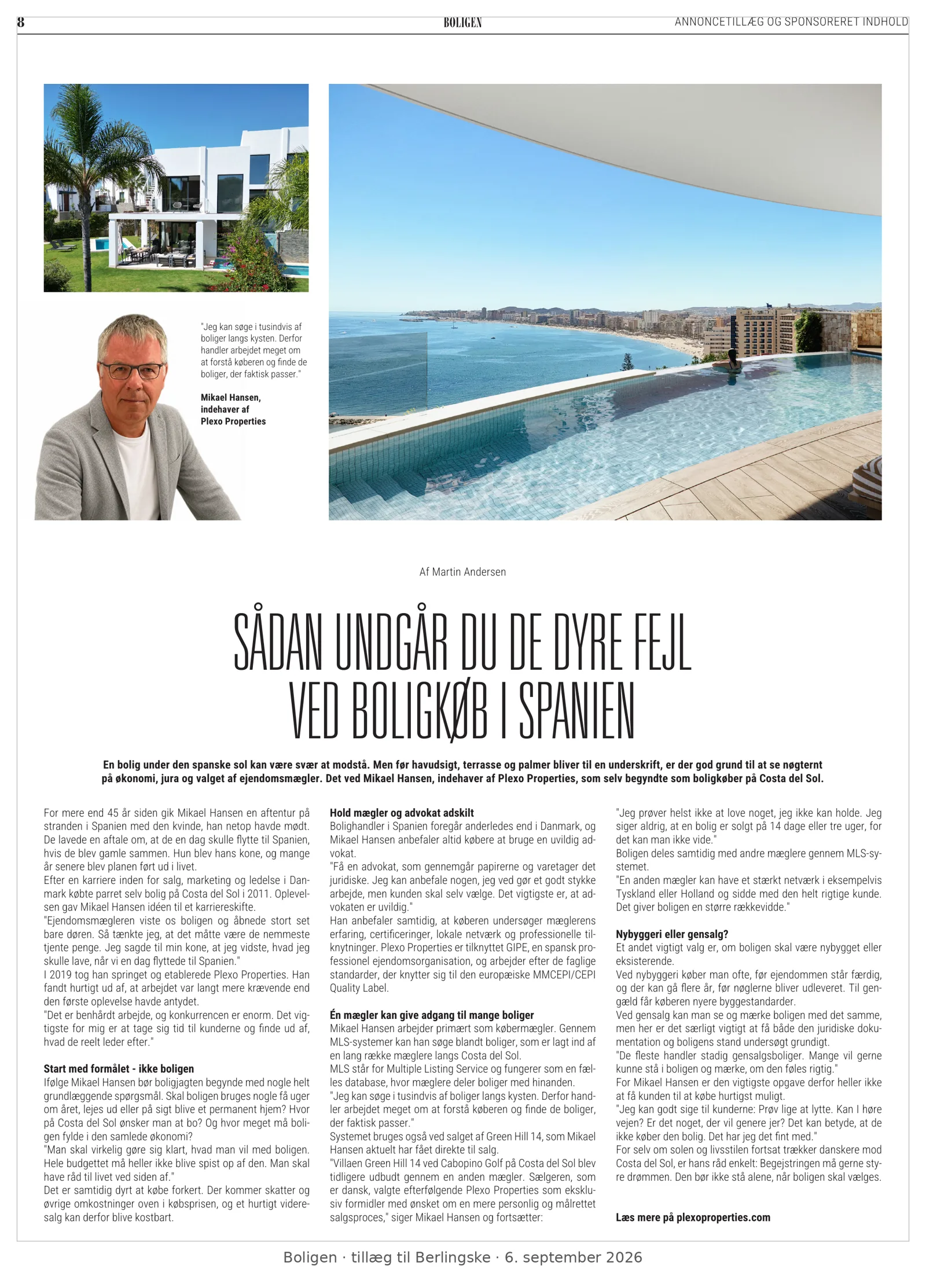 Newspaper page from Boligen, the property supplement of Berlingske, 6 September 2026, with the interview with Mikael Hansen of Plexo Properties