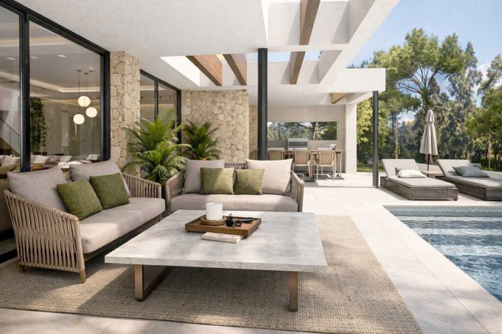 El Chaparral Bespoke Villa's – Mijas - covered outdoor terrace with lounge sofas, stone wall, and poolside seating area