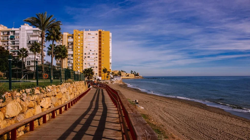 Seafront promenade and apartment blocks on the Mijas Costa coast
