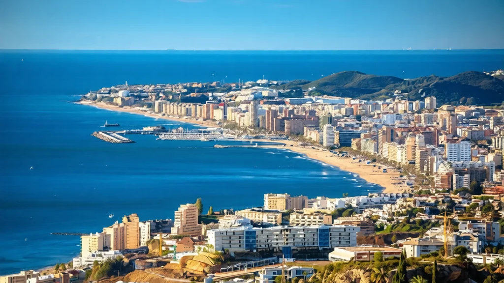 Aerial coastal view of Fuengirola: the seafront, marina, long beach and mountains behind, Costa del Sol