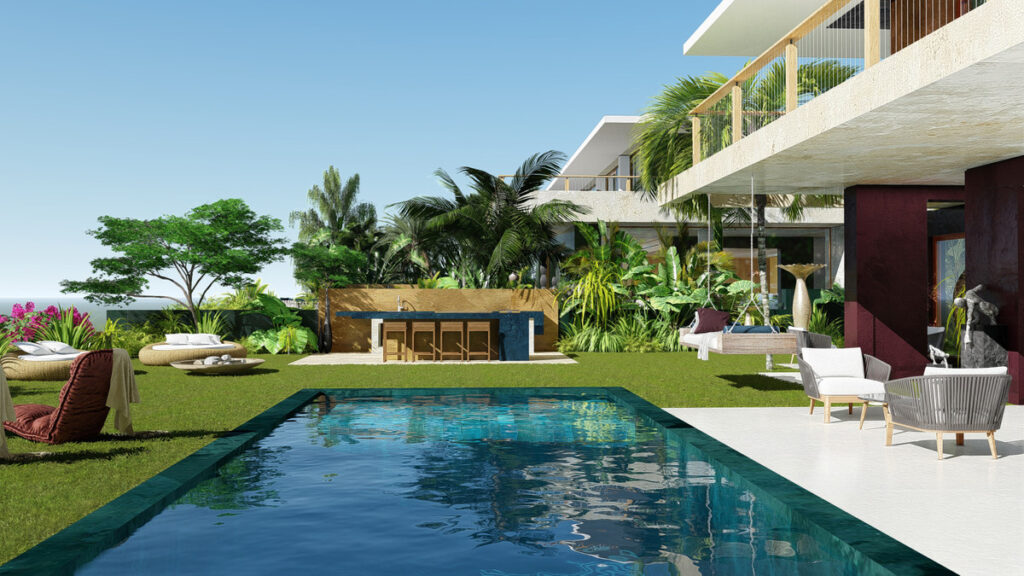 La Paloma 10 – Manilva - luxury outdoor pool, tropical garden and modern two-storey villa exterior with terrace seating