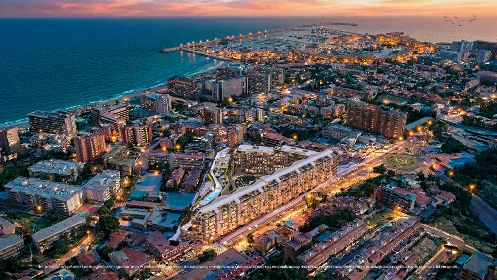 Aerial render of Magna Torremolinos at dusk with La Carihuela beach and Benalmádena Marina along the coast behind