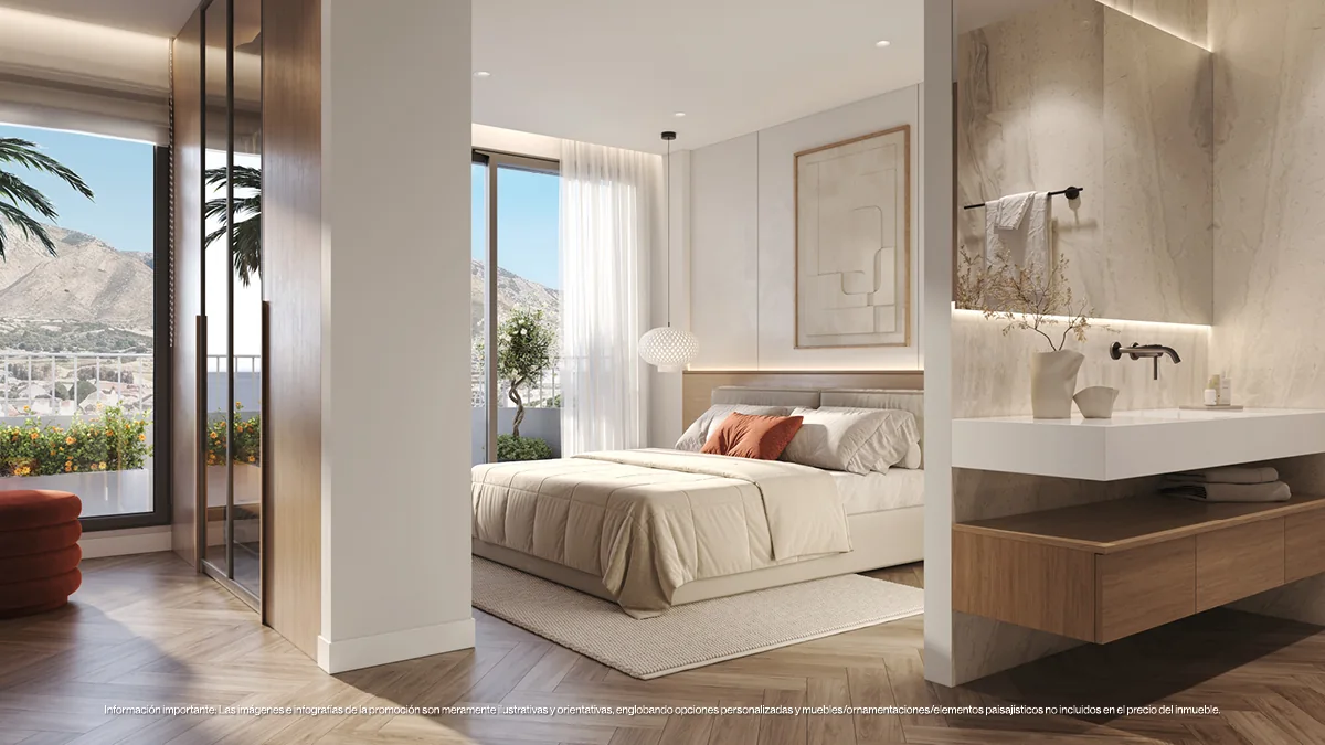 Render of a Magna Torremolinos bedroom with open en-suite vanity, full-height windows and a terrace with mountain views