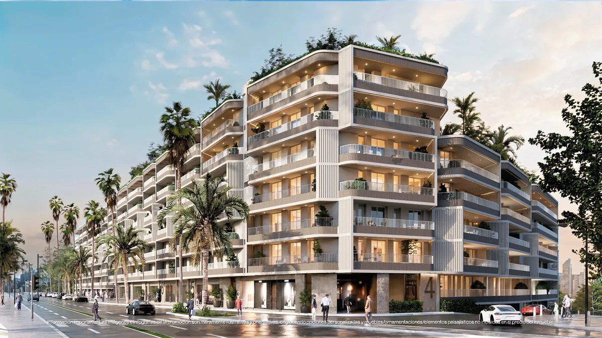 Render of the Magna Torremolinos street façade with curved terraces, palm trees and shops at ground level in La Carihuela