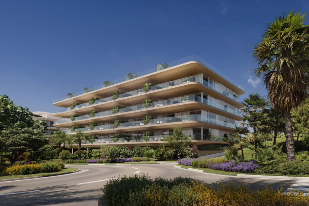Nacare – Estepona - curved luxury residential facade with lush green balconies and tropical landscaping, Costa del Sol