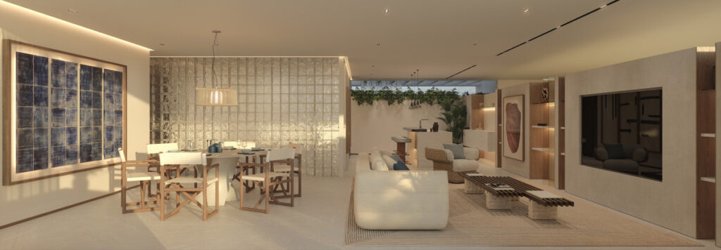 Nacare – Estepona - open-plan living and dining area with warm neutral tones, white sofas, and green wall accents