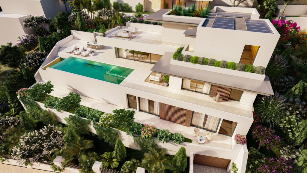 SOLARA I – Altos de los Monteros - aerial view of luxury villa with rooftop terrace, infinity pool, solar panels and lush gardens