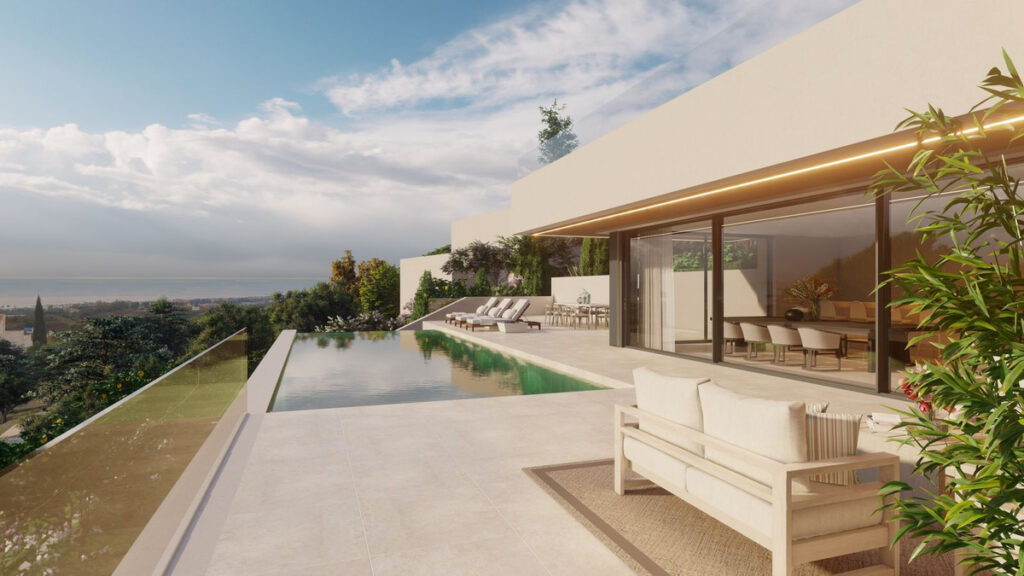 SOLARA I – Altos de los Monteros - infinity pool terrace with outdoor seating and panoramic sea views, Costa del Sol