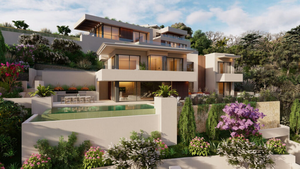 SOLARA II – Altos de los Monteros - modern luxury villa exterior with pool, terraces and landscaped gardens on a hillside