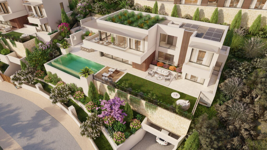 SOLARA II – Altos de los Monteros - aerial view of luxury villa with infinity pool, green roof, solar panels and landscaped gardens