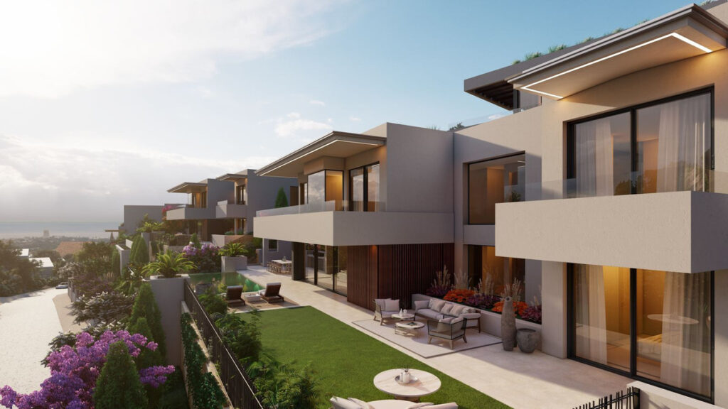 SOLARA II – Altos de los Monteros - luxury modern villa exterior with terraces, lush garden and sea views on the Costa del Sol