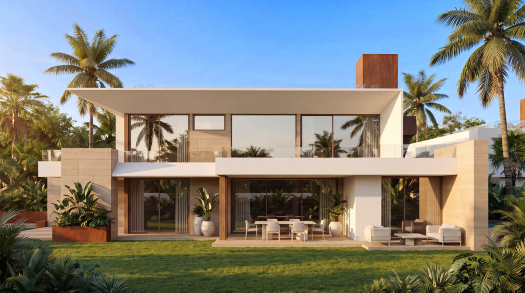 Sotomar by the Sea – Cortijo Blanco - modern two-storey villa exterior with floor-to-ceiling glazing, covered terrace, and tropical garden