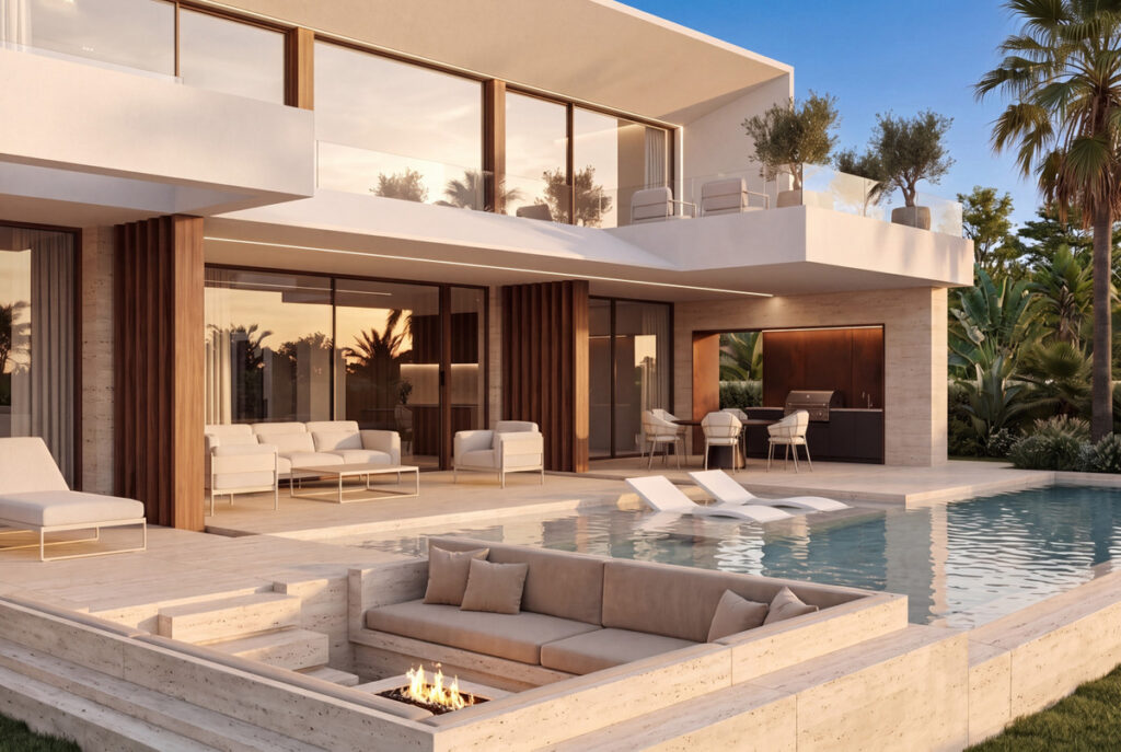 Sotomar by the Sea – Cortijo Blanco - luxury villa exterior with infinity pool, sunken fire pit lounge and covered terrace